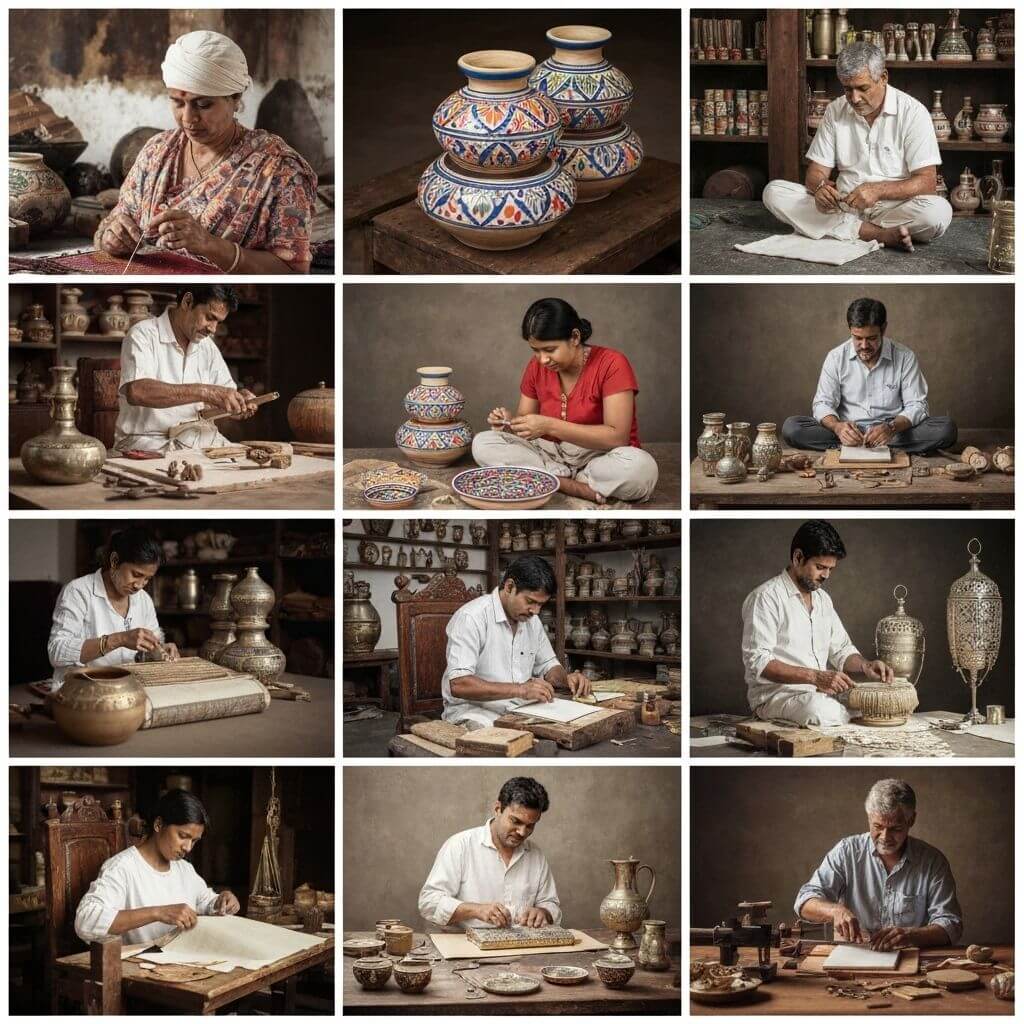 Collage of Indian handicrafts: blue pottery, carpets, wood carving, terracotta
